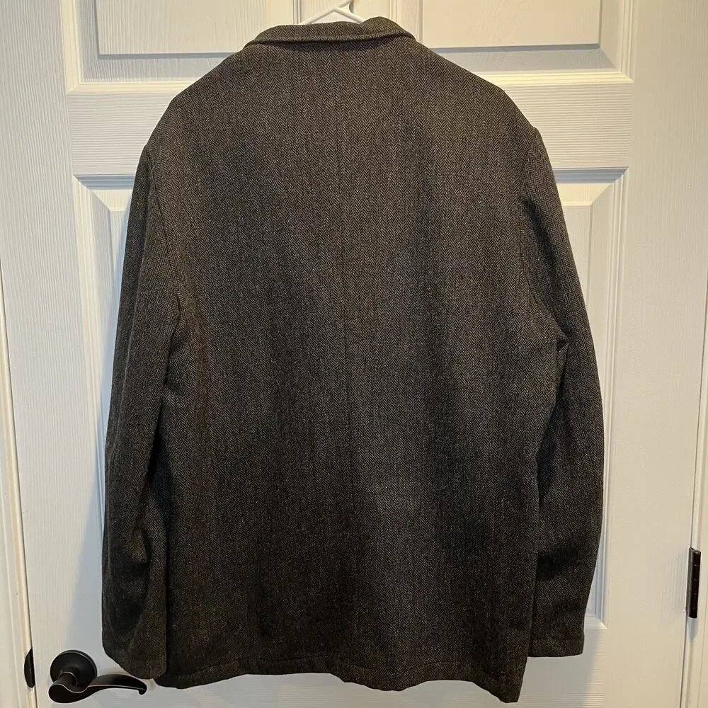 Men's Gray Double Breast Wool Blend Pea Coat Size XL Herringbone Tweed